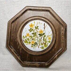 Mid Century Modern Goodwood Teak Wood Trivet with Flowers on Ceramic Center